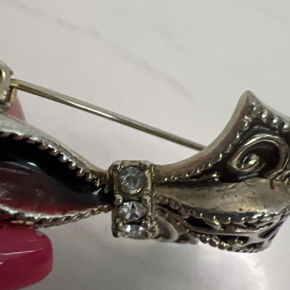 Vintage Monet‎ Bow Brooch Pin Red Enamel Rhinestone Silver Tone Signed